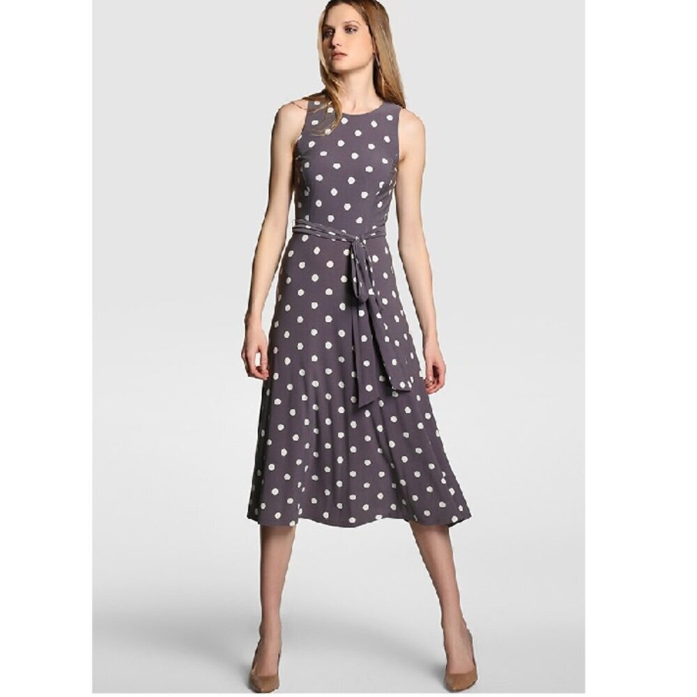 Anne Klein Grey Polka Dot Belted Fit And Flare Midi Dress Size 16